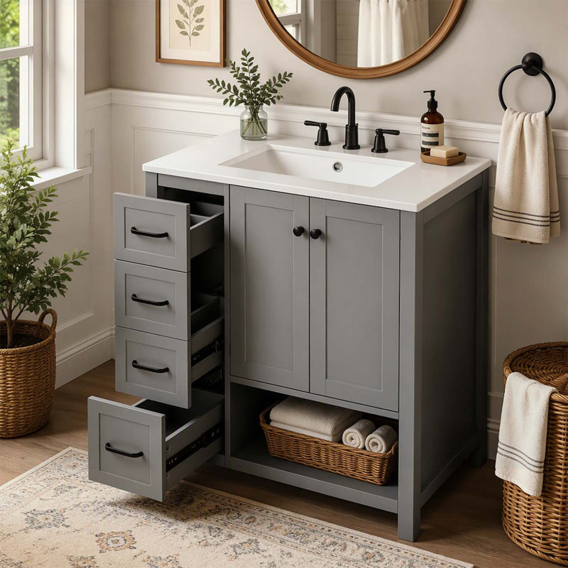 Meuble-lavabo en bois 30 po avec lavabo, deux portes, deux tiroirs et une tablette ouverte, gris