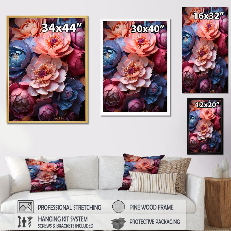 Pivoines brillantes rayonnantes sur toile, Cadre flottant doré, H 32 po x l 16 po x P 1 po