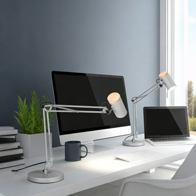 Lampe de table réglable en métal, grande taille, hauteur maximale 29,7 po, base E26, lampe de bureau à bras pivotant avec accents en bois, gris