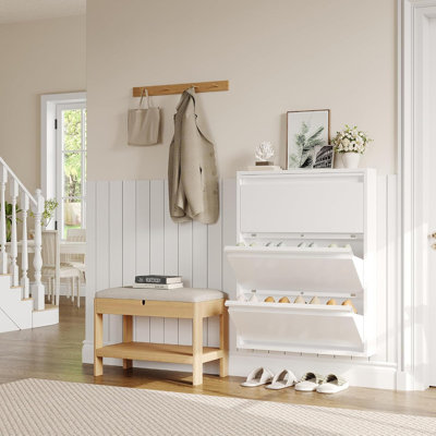 Ultra-Slim 6" Metal Shoe Cabinet with 3 Flip Drawers, Wall-Mount or Floor-Standing, Open-Back Ventilation for Entryway