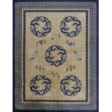 Antique Knotted Chinese Rectangle Ivory Room Size 1920s Wool - Peking Rug