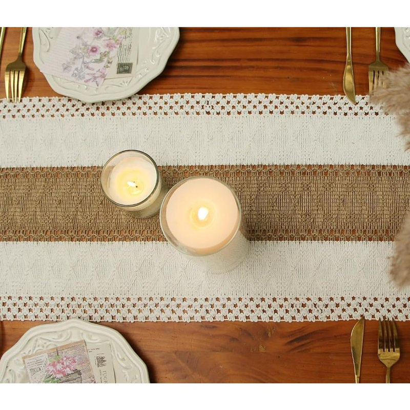 Chemin de table Boho pour la décoration d'été avec glands 72 pouces de long chemin de table rustique en macramé, décoration de table en toile de jute pour le salon, douche nuptiale (12 x 72 pouces)