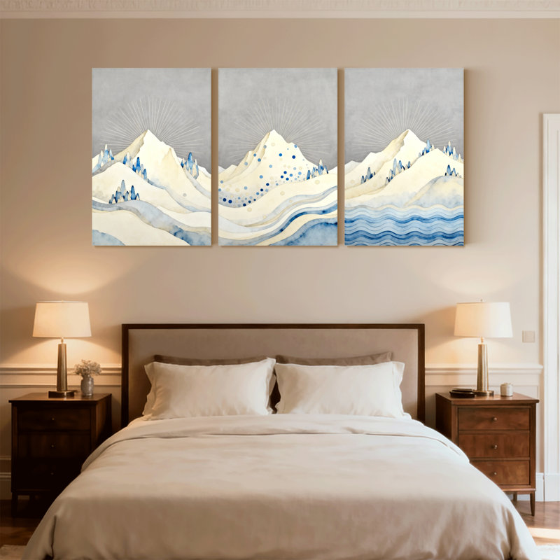 «Abstract Mountain Peaks Water Reflection Sky Light Blue Waves», ensemble de 3 impressions sur toile, H 18 po x l 36 po