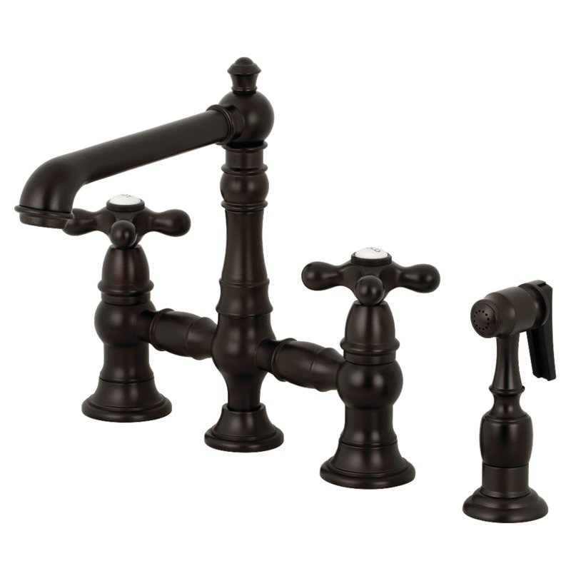 Kingston Brass English Country Two-Handle 4-Hole Deck Mount Bridge Kitchen Faucet with Brass Side Sprayer, Oil Rubbed Bronze