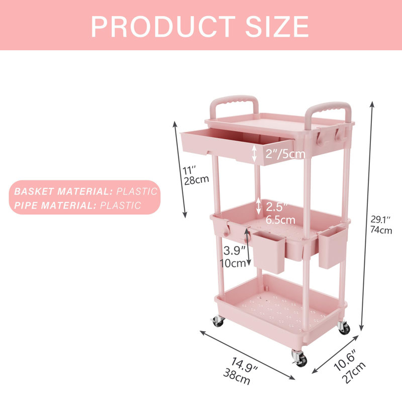 3 Tier Rolling Utility Cart With Drawer,Storage Cart,Rolling Cart Storage Organizer With Iron Wheels,Grey, Pink