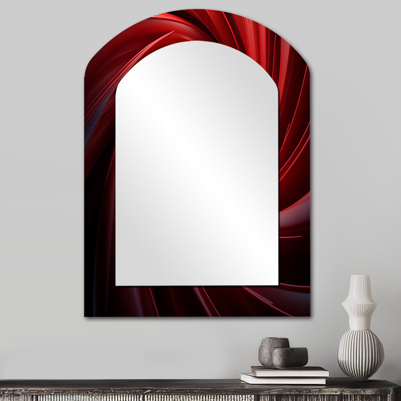 Red abstract spiral dreamscape II - Abstract Spirals Asymmetrical Large Wall Mirror, Modern Arch Unique Mirror, Printed Metal Art