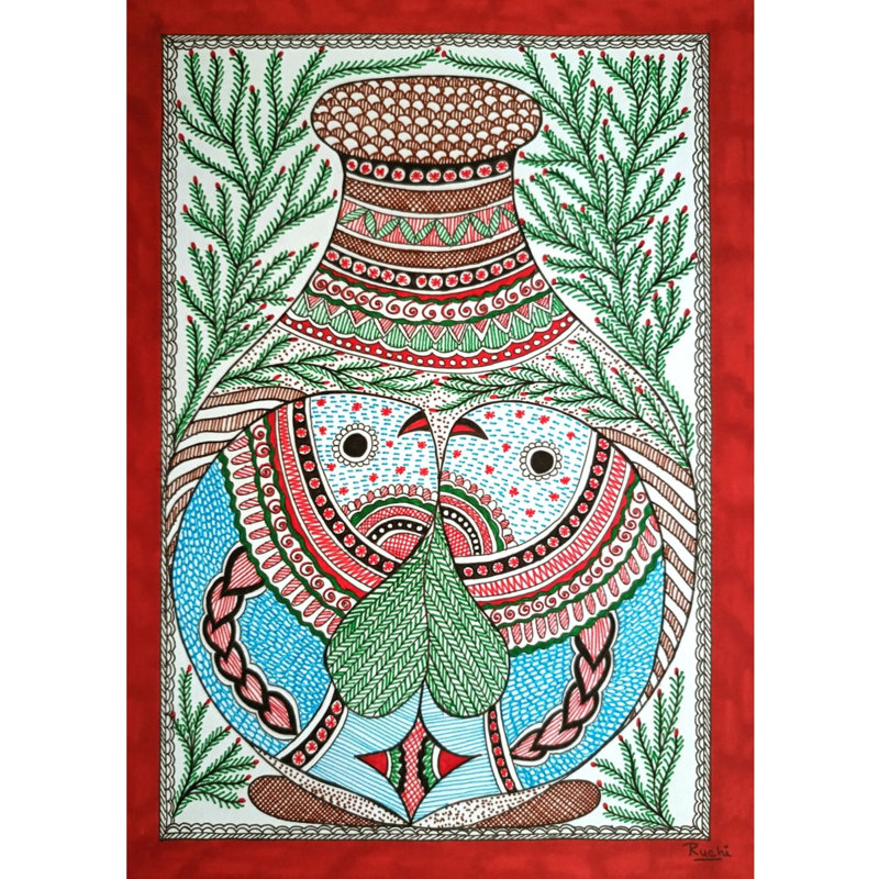 «Madhubani Traditional Fishes Alcoherers Markers and Fineliners», peinture sur papier par Ruchi - Art mural aquatique indien traditionnel pour décoration de cuisine Boho