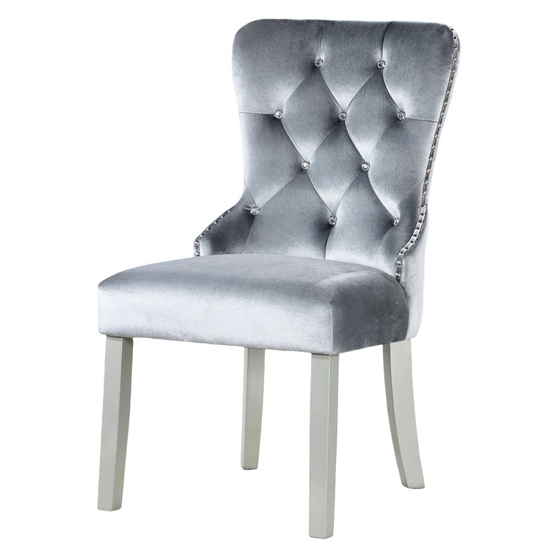 Chaises d'appoint classiques rembourrées en flanelle de 2 po avec anneaux en métal et dossier à oreilles en bois massif de luxe pour salle à manger avec boutons en cristal et miroir