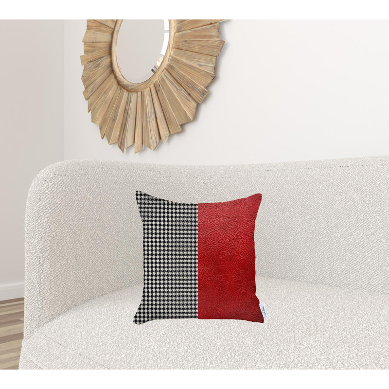 Houndstooth Divided Red Faux Leather Square Throw Pillow