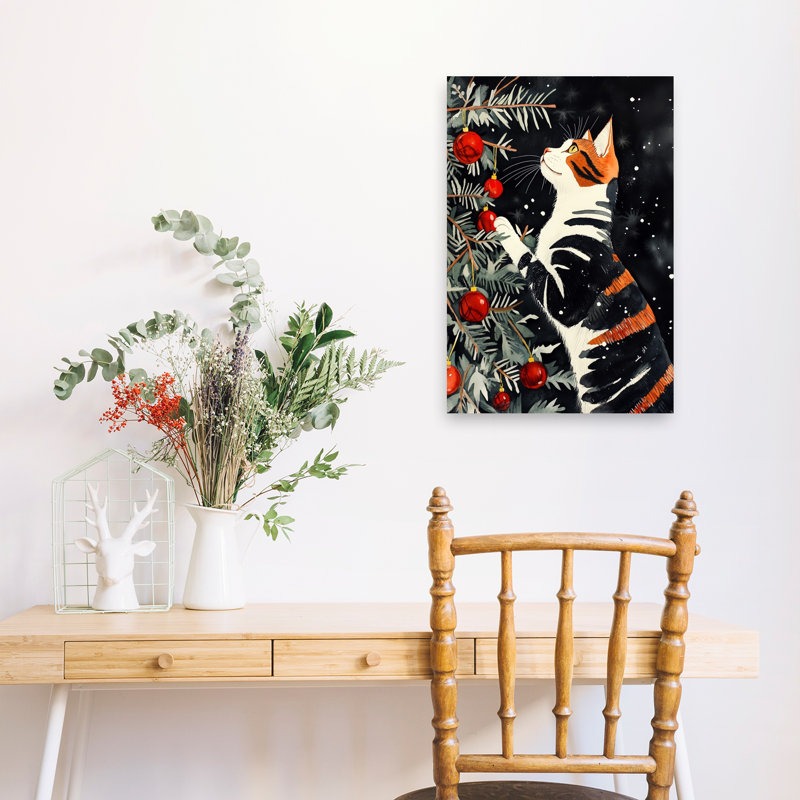 Playful Cat Christmas Playful Abstract Contemporary Christmas Tree Pine Tree Cat Winter Landscape Wall Art Print 1 Piece Wrapped Canvas Wall Art