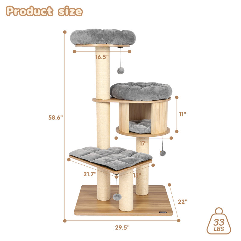 58.6" Pine Wood Cat Tree with Gray Cushions and Sisal Posts