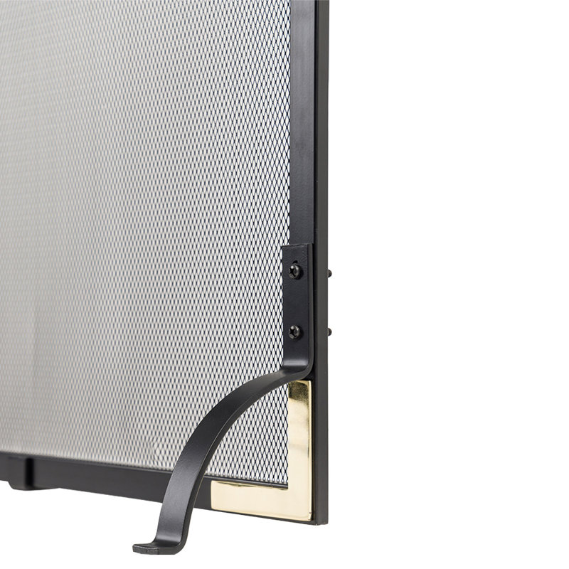 Black Mesh Single Panel Fireplace Screen with Brass Accents
