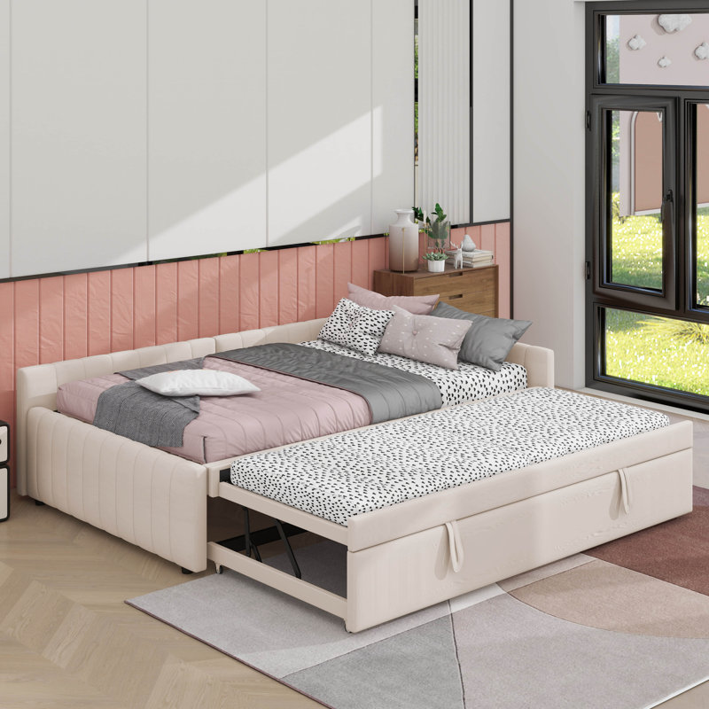 Lit de jour double rembourré en L avec lit gigogne escamotable double, Beige