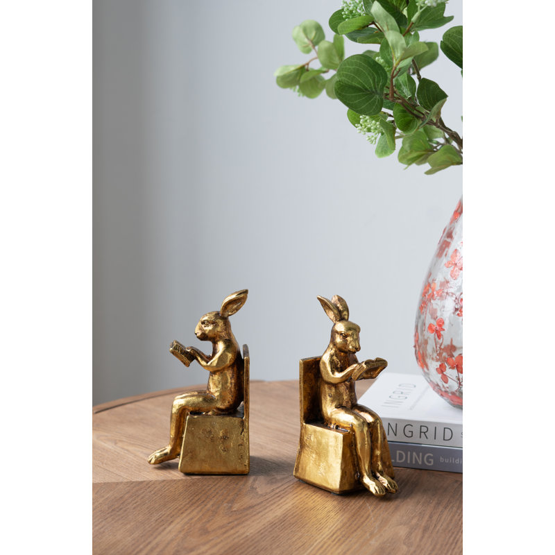 4x3x7" S/2 Sitting Rabbit Bookends With Antique Gold Finish