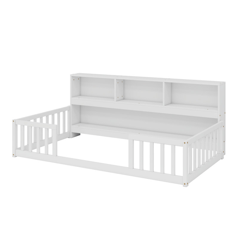 Lit simple simple avec bibliothèque de chevet attachée, tablettes de rangement multiples et garde-corps, Blanc