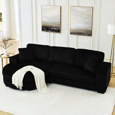 Black Corduroy L - Shaped Modular Convertible Sleeper Sectional With Removable Cushions, Strong Wood Frame, And Smooth Arc Footstool For Added Design, Soft Hand Feel Fabric