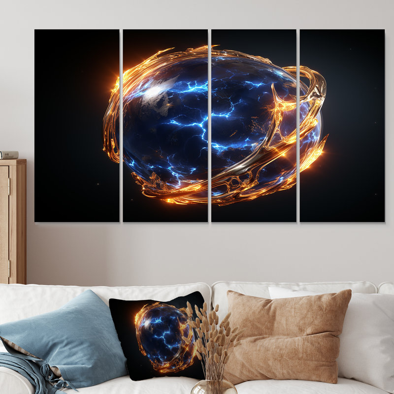 «Blue and Gold Orbit» - Planètes, art mural sur toile 4 pièces, H 28 po x l 48 po