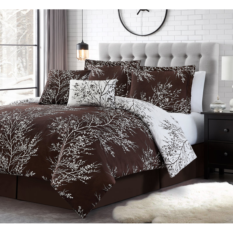 Foliage Reversible Comforter Set, Chocolate/White, Twin Comforter Set + 4 Additional Pieces