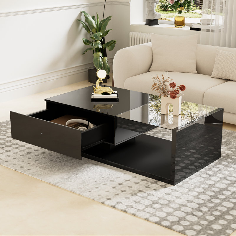 Coffee Table With 1 Drawer And Led, Black, Black