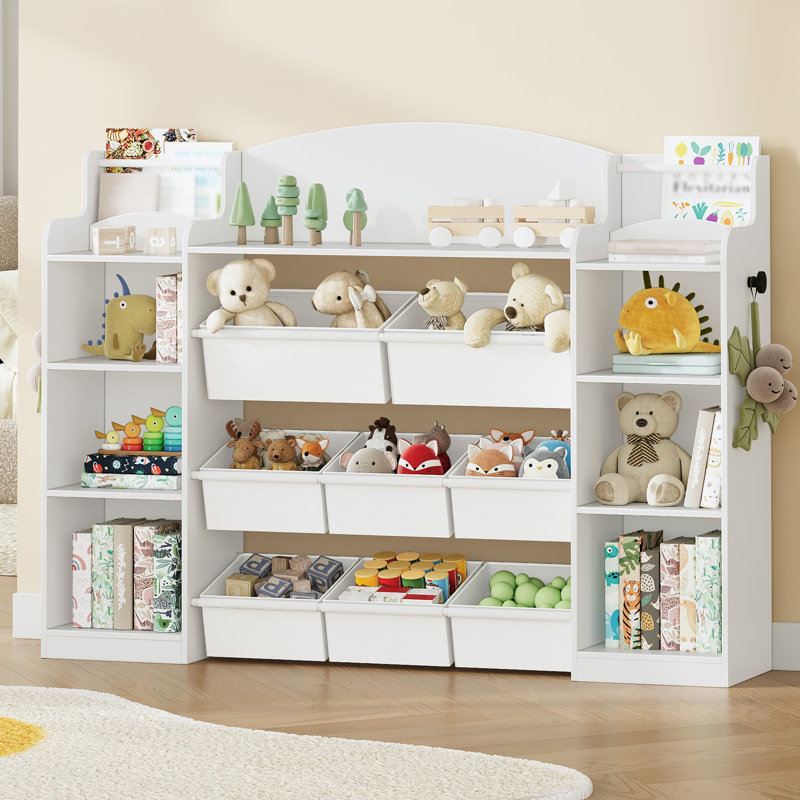 Toy Storage Units for Kids, Children's Toy Organiser with 8 Fabric Bins, Kids Bookcase with Display Rack for Bedroom, Nursery, Playroom, Kindergarten, White