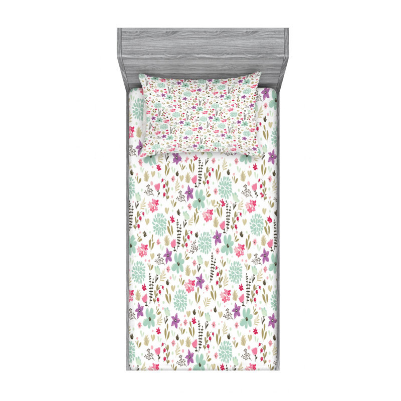 Microfiber Floral Sheet Set, Twin XL Sheet Set + Fitted Sheet + 1 Pillowcase, Beige/Green/Red Floral