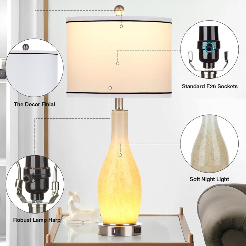 27" Yellow Glass Table Lamp Set with USB Ports and Nightlight