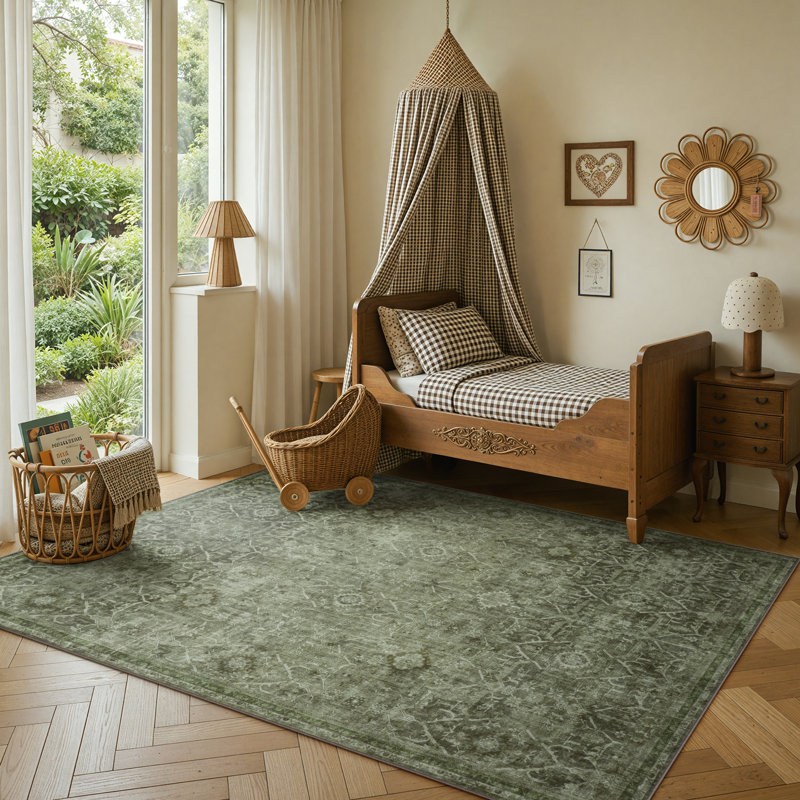 Vintage Tribal Cashmere Washable Dark Green Area Rug - Soft Oriental Distressed Design for Living Room, Bedroom, or Study Decor