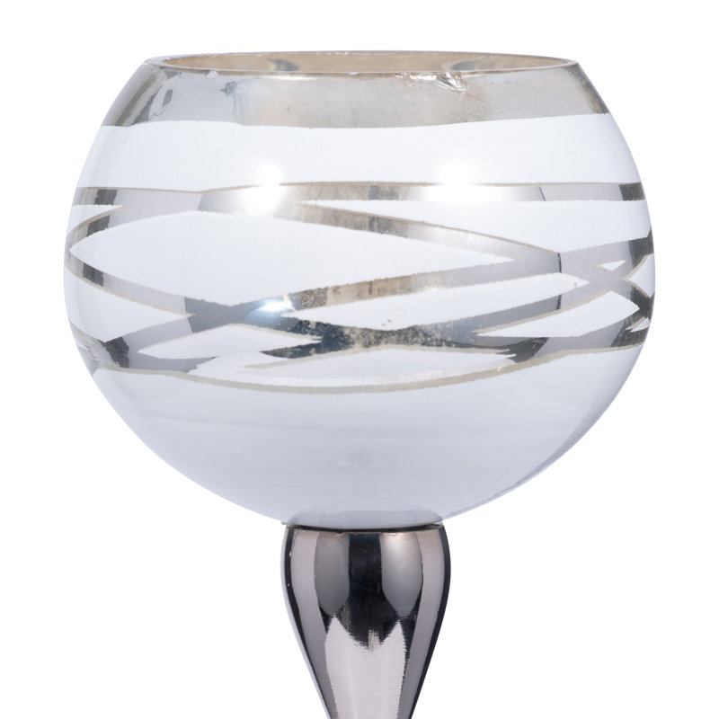 Glam Metal and Aluminum Pillar or Taper Candle Holder with Etched Glass Globe and Sleek Contemporary Design for Decorative Accent and Ambient Lighting in Modern Interiors