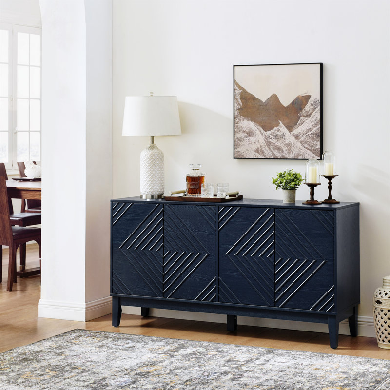 Buffet 60,5 po Mid-Century avec motif géométrique, tablettes réglables et rangement polyvalent pour le salon, la cuisine et la salle à manger, bleu