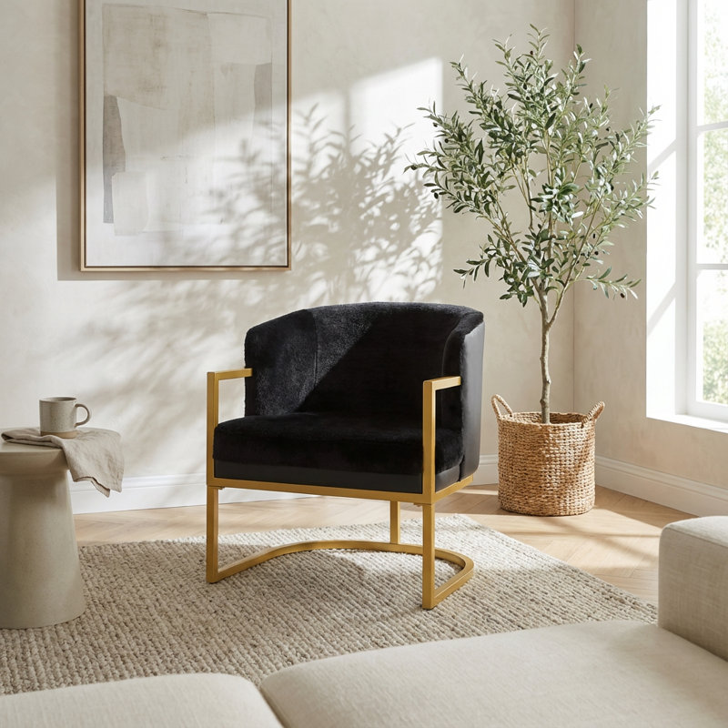Fauteuil contemporain en peluche avec dossier ergonomique et structure en métal, Noir