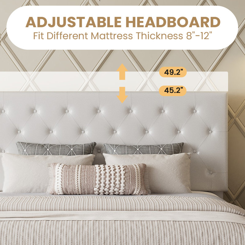 Full Size Modern Faux Leather Upholstered Platform Bed Frame, with Button Tufted Headboard, No Box Spring Needed, Full, White