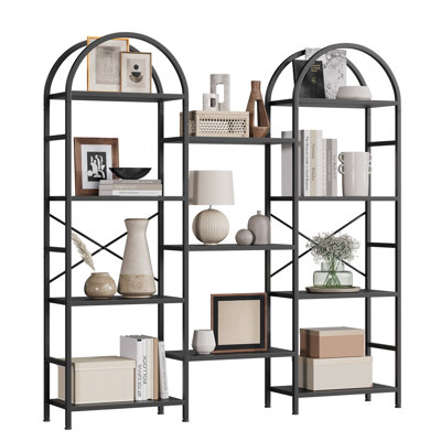Bibliothèque arquée à 4 niveaux et 3 colonnes, bibliothèque industrielle de 63 po x 63 po avec tablettes ouvertes réglables, large tablette autoportante avec cadre en métal pour le salon et le bureau à domicile