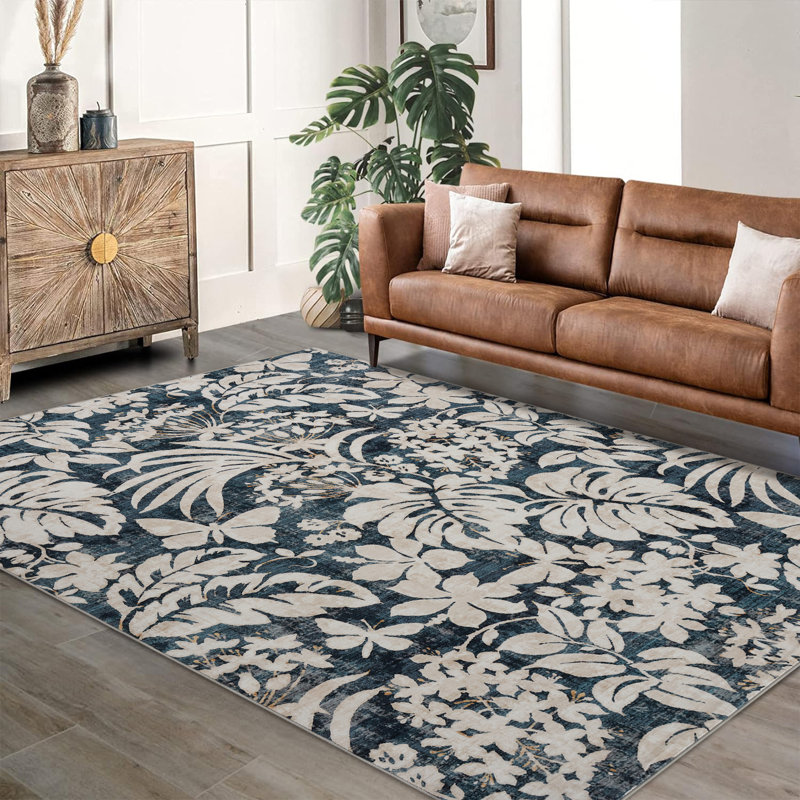 Soft Washable Botanical Leaf Print Area Rug – Non-Slip, Mark-Resistant, Collapsible Faux Woolen Accent Mat – For Living Room, Bedroom, Kitchen – Blue Tint, 10x13ft