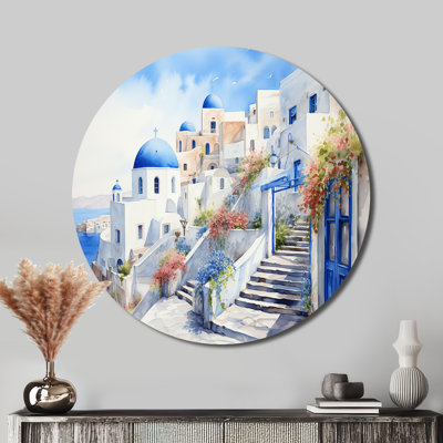 Bleu et blanc Santorini village I - Paysages, art rond en métal