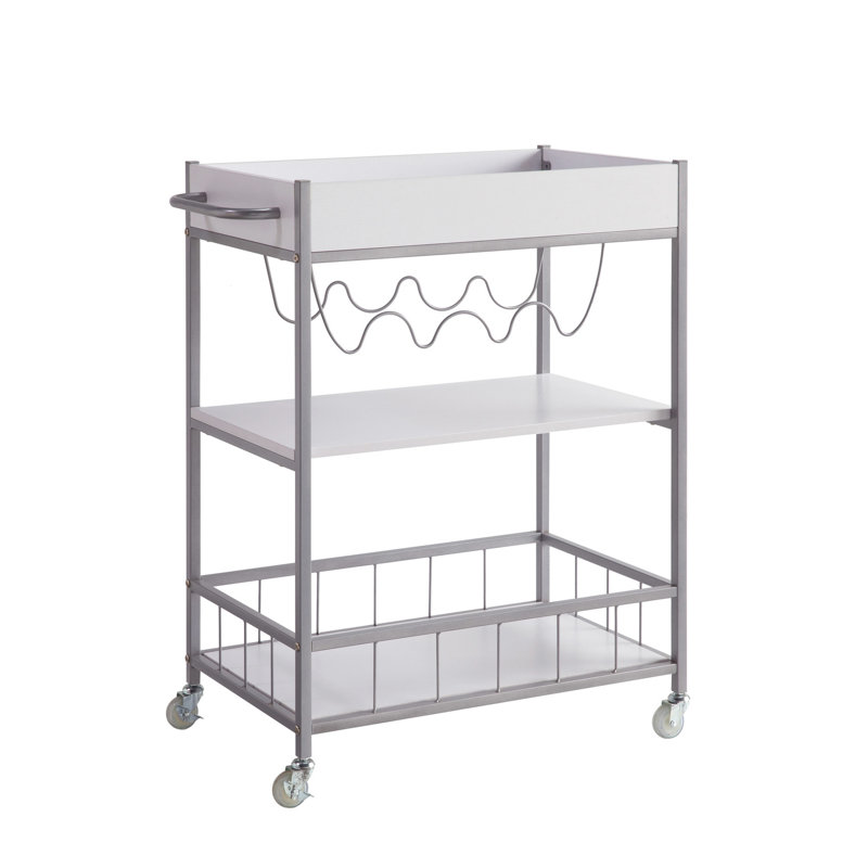 Chariot de rangement à roulettes blanc et argent en métal - 3 niveaux, 4 bouteilles de vin
