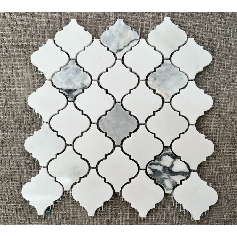 2.75" x 3" White Marble Arabesque Lantern Pattern Natural Stone Mosaic Tile, White/Gold