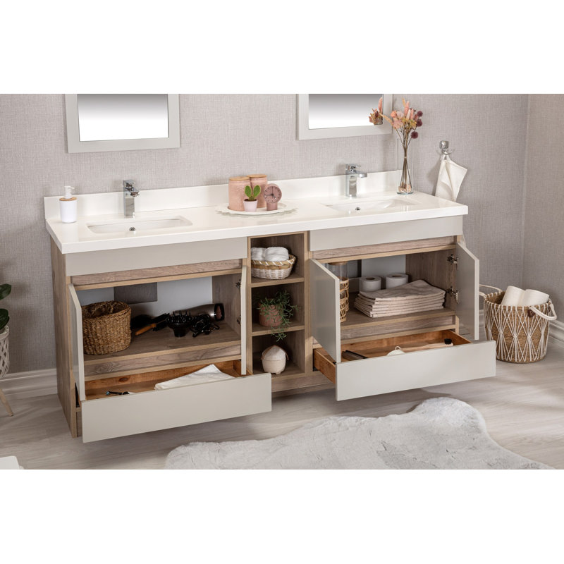 Ensemble de meuble-lavabo double 71 po avec miroir Kunta, Chêne / blanc