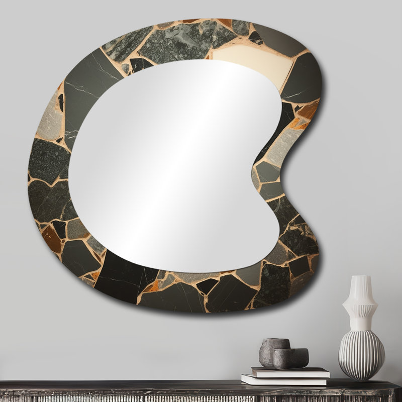 Fahmeda Gray Abstract Harmony in Tiles III - Miroir mural décoratif de forme irrégulière, miroir asymétrique moderne, impression sur métal