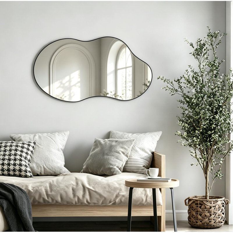 Asymmetrical Metal Wall Mirror, Black, 82cm H x 48cm W