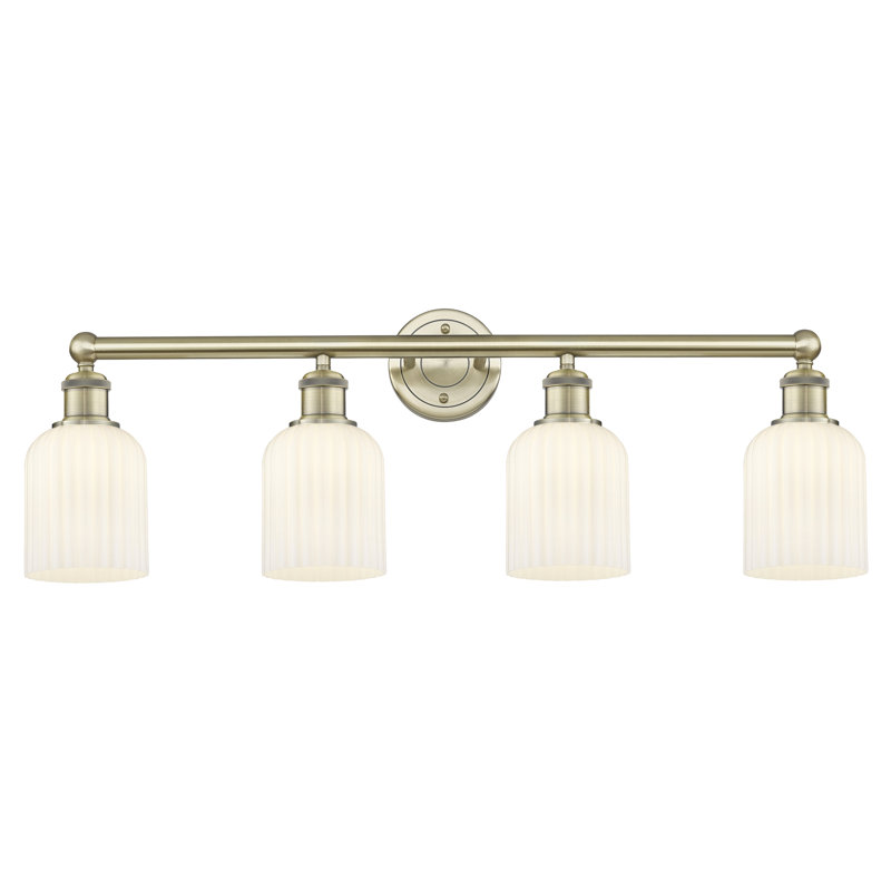 Éclairage pour meuble-lavabo à 4 lumières à intensité variable Fiennes Veil, Laiton antique, Blanc