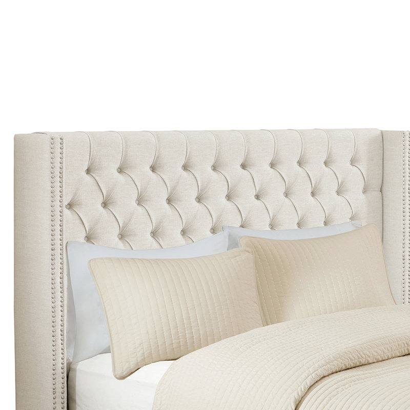 Upholstered Headboard In Cream, Transitional Style With Button Tufting And Double Nailhead Trim, Legs Queen Sized Adjustable Metal