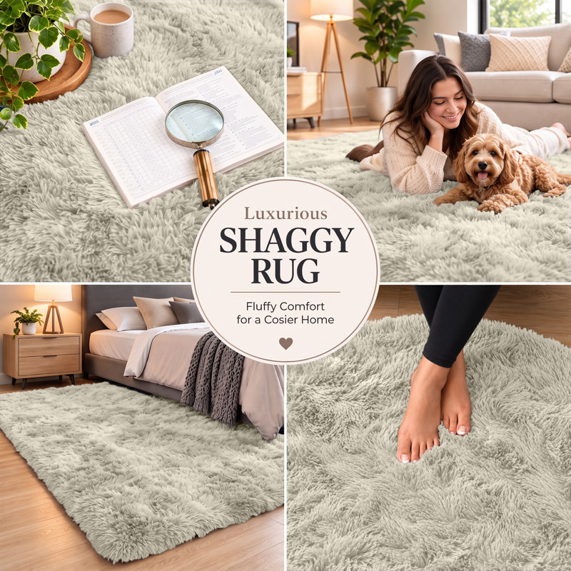 Rectangle Shaggy Washable Area Rug, Cream, Rectangle 60 x 110 cm