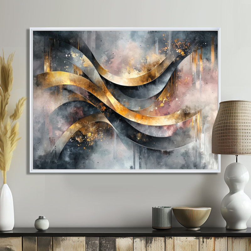 «Geometric Ink Pulse V - Abstract Spirals», art mural sur toile, Cadre flottant, H 24 po x l 32 po, Naturel