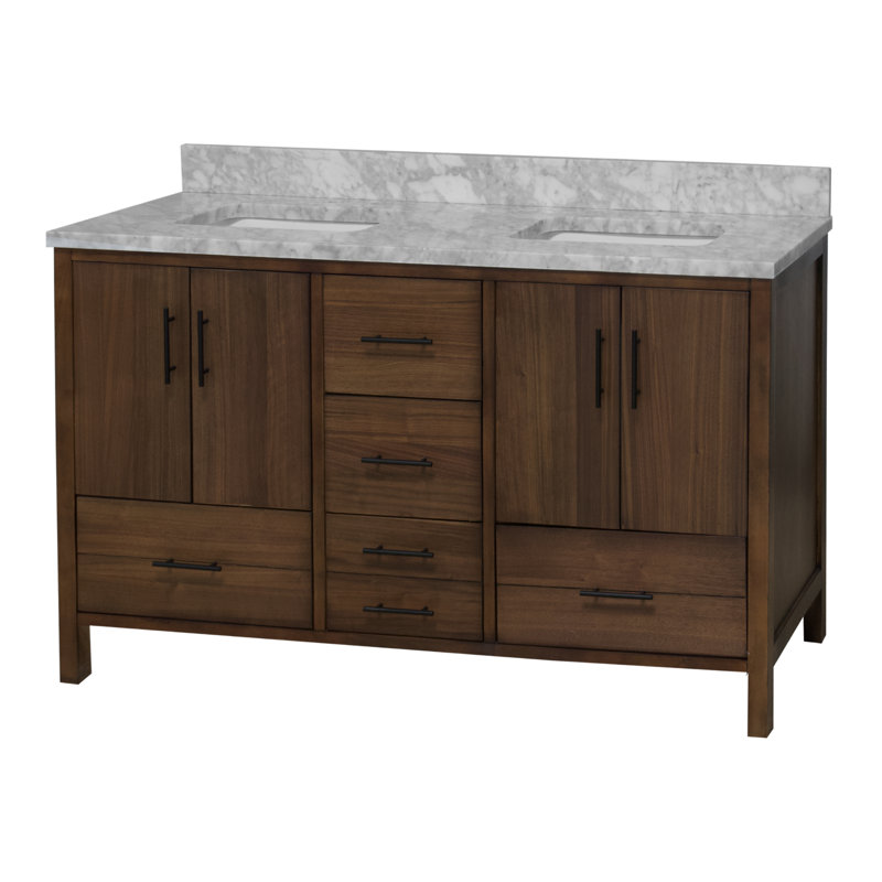 Ensemble de meuble-lavabo double 60 po Kiara, Marbre de Carrare, Noyer