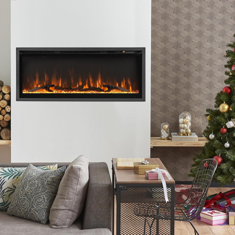 42 in. Recessed & Wall Mount Electric Fireplace in Black with Remote, Adjustable Color & Brightness, Freestanding