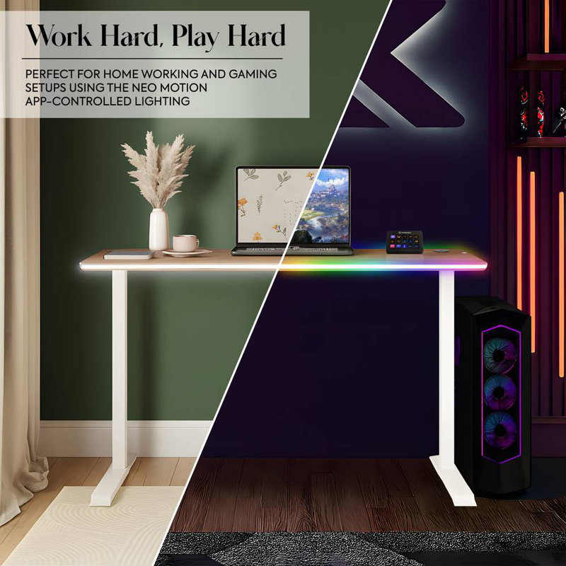 XR Living Oka Office Desk with Wireless Charging and App Controlled RGB LED Lights - Oak, 75" H x 55" W x 110" D