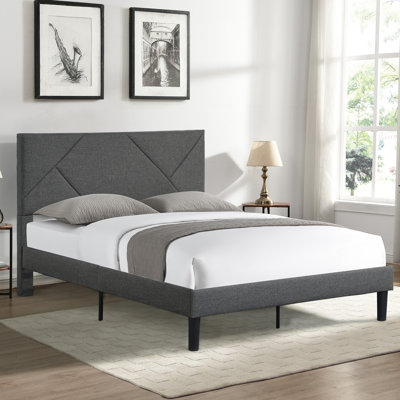 Structure de lit double rembourrée grise avec tête de lit, base de matelas, lattes en bois massif, sans sommier, assemblage facile, structure de tête de lit avec capacité de poids de 500 lb, gris fondation, ressort