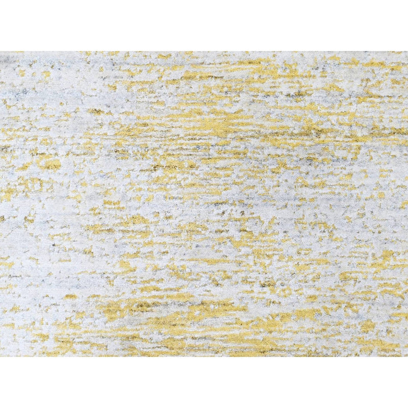 Tapis oriental 6 pi x 9 pi jaune Macaroon, velours texturé, tissé à la main, soie à base de laine et de plantes, design moderne