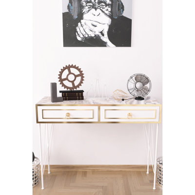 Wood Base Console Table, Metal Legs, White, 47.79 In. D X 13.75 W 34.54 H Table With White And 47" Depth, 14" Width, 35" Height