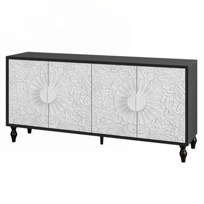Wood Console Table with Carved Symmetrical Design Door , Wood Coloured Frame
